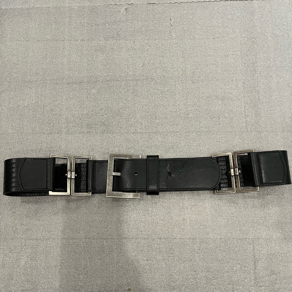 [Max41”]Sarah Pacini Black Leather Pewter Mixed Boho Wide Belt
